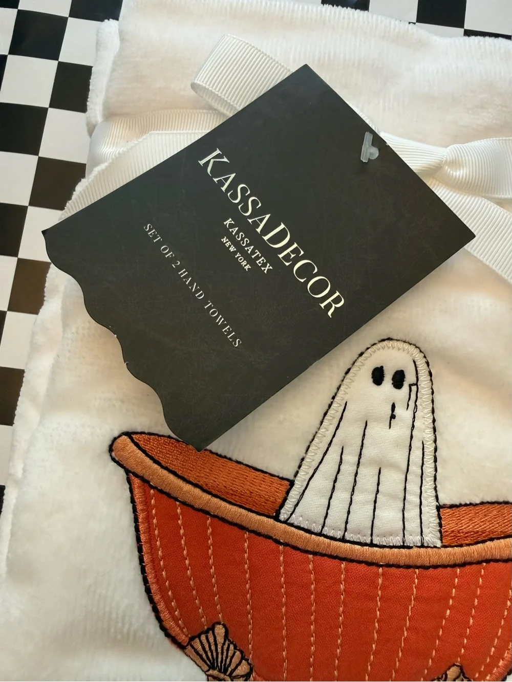 Kassatex White Hand Towels with Orange Bathtub Ghost Embroidery - Set of 2